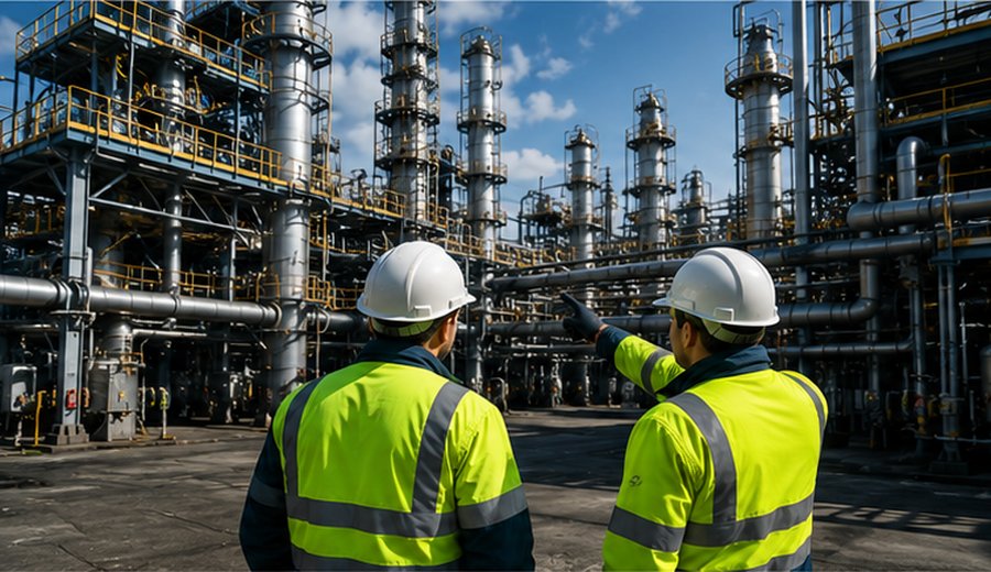 Industrial site with engineers and technical infrastructure
